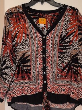 Ruby Rd. Black, Red & Tan Printed Button-Front Women's Top